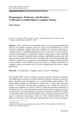 Programmers, Professors, and Parasites: Credit and Co-Authorship in Computer Science