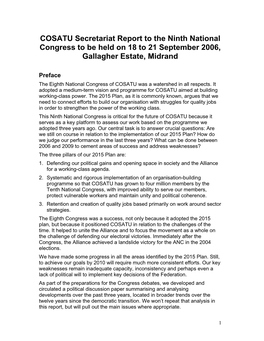 COSATU Secretariat Report to the Ninth National Congress to Be Held on 18 to 21 September 2006, Gallagher Estate, Midrand