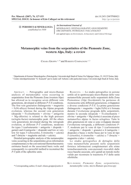 Metamorphic Veins from the Serpentinites of the Piemonte Zone, Western Alps, Italy: a Review