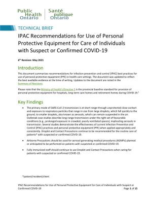 IPAC Recommendations for Use of Personal Protective Equipment for Care of Individuals with Suspect Or Confirmed COVID‑19