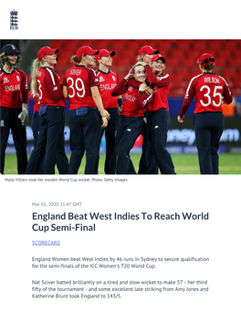 England Beat West Indies to Reach World Cup Semi-Final