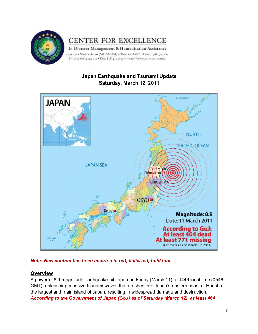 Japan Earthquake and Tsunami Update Saturday, March 12, 2011