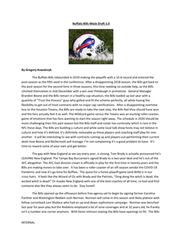 INTERNAL Buffalo Bills Mock Draft 1.0 by Gregory Kowalczyk the Buffalo Bills Rebounded in 2019 Making the Playoffs with a 10-6 R