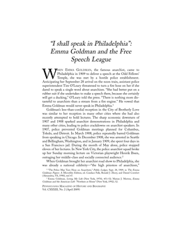 “I Shall Speak in Philadelphia”: Emma Goldman and the Free Speech League