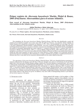 Primer Registro De Aberranta Banyulensis Mackie, Pleijel & Rouse, 2005 (Polychaeta: Aberrantidae) Para El Océano Atlántico