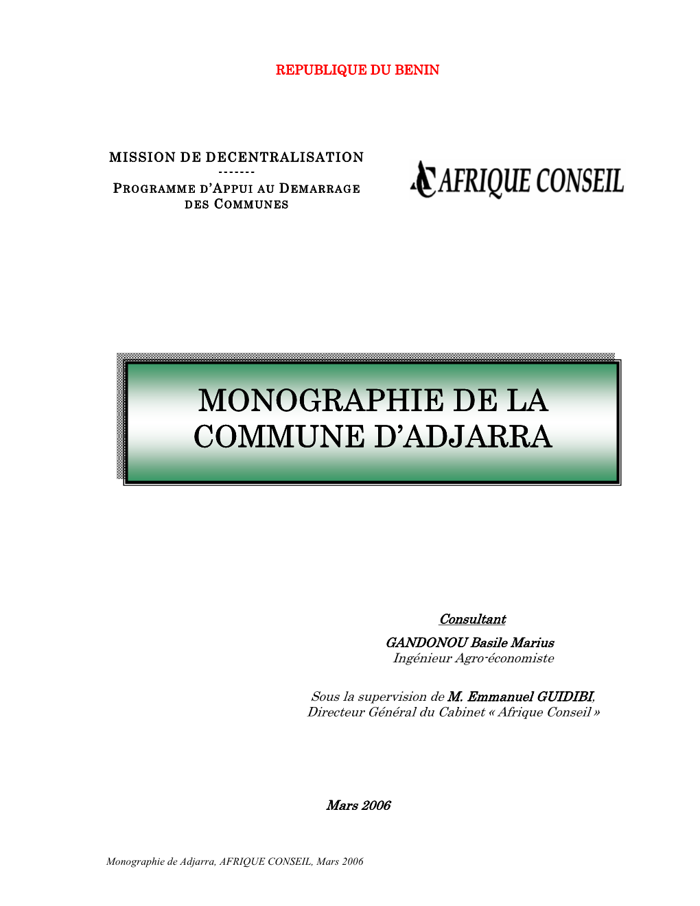 Monographie De La Commune De Adjarra