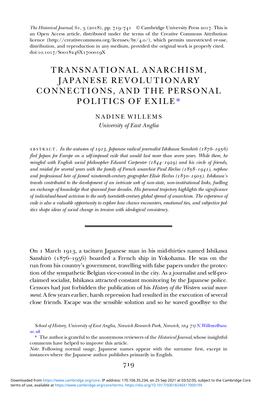 Transnational Anarchism, Japanese Revolutionary Connections, and the Personal Politics of Exile*