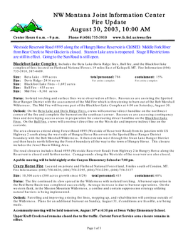 NW Montana Joint Information Center Fire Update August 30, 2003, 10:00 AM