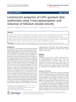 Luminescent Properties of Cdte Quantum Dots Synthesized Using 3-Mercaptopropionic Acid Reduction of Tellurium Dioxide Directly