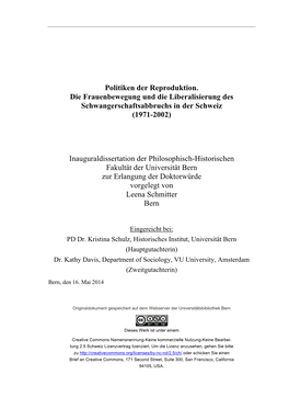 Politiken Der Reproduktion. Die Frauenbewegung Und Die Liberalisierung Des Schwangerschaftsabbruchs in Der Schweiz (1971-2002)