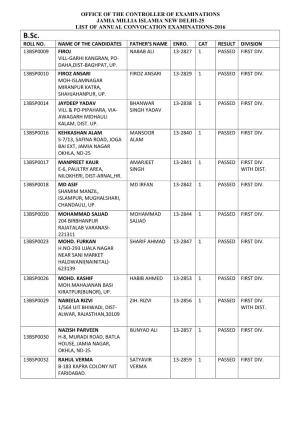Office of the Controller of Examinations Jamia Millia Islamia New Delhi-25 List of Annual Convocation Examinations-2016 Roll No