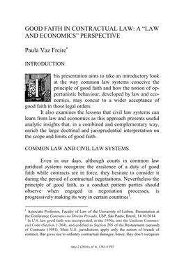 Good Faith in Contractual Law: a “Law and Economics” Perspective