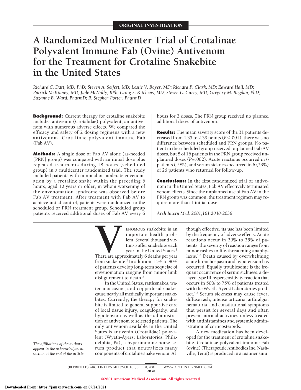 (Ovine) Antivenom for the Treatment for Crotaline Snakebite in the United States