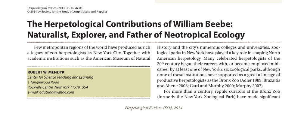 The Herpetological Contributions of William Beebe: Naturalist, Explorer, and Father of Neotropical Ecology