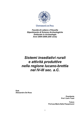 Sistemi Insediativi Rurali E Attività Produttive Nella Regione Lucano-Brettia Nel IV-III Sec