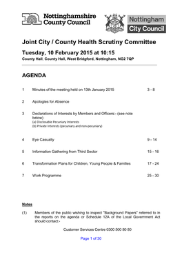 Joint City / County Health Scrutiny Committee Tuesday, 10 February 2015 at 10:15 County Hall , County Hall, West Bridgford, Nottingham, NG2 7QP