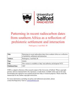 Patterning in Recent Radiocarbon Dates from Southern Africa As a Reflection of Prehistoric Settlement and Interaction Parkington, J and Hall, M