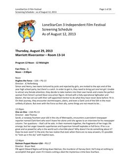 Lonestarcon 3 Independent Film Festival Screening Schedule As of August 12, 2013