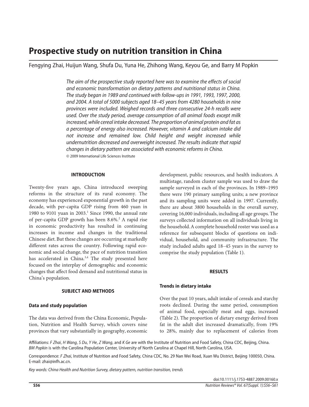 Prospective Study on Nutrition Transition in China