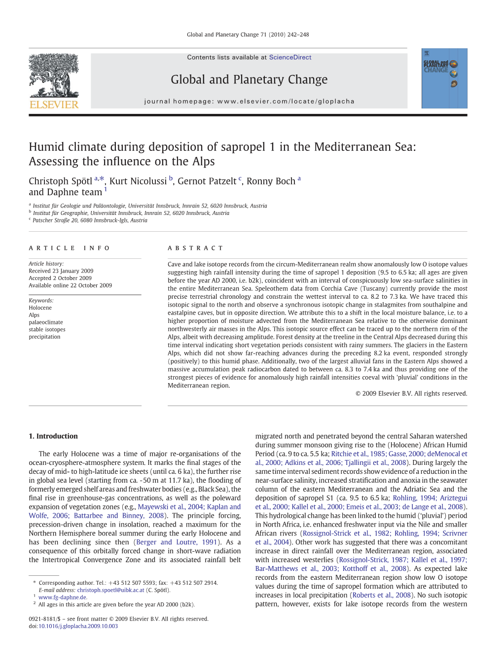 Humid Climate During Deposition of Sapropel 1 in the Mediterranean Sea: Assessing the Inﬂuence on the Alps