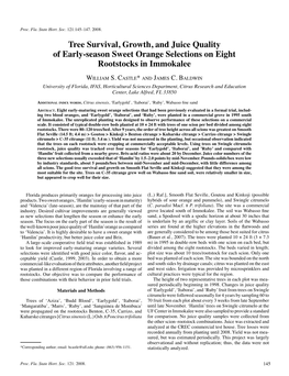 Tree Survival, Growth, and Juice Quality of Early-Season Sweet Orange Selections on Eight Rootstocks in Immokalee