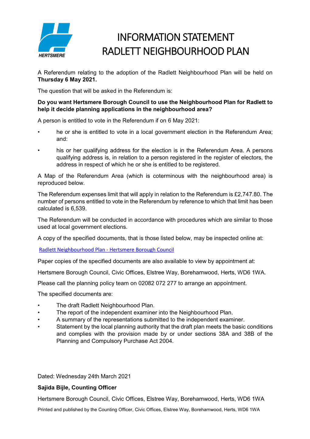 Radlett Neighbourhood Plan Information Statement