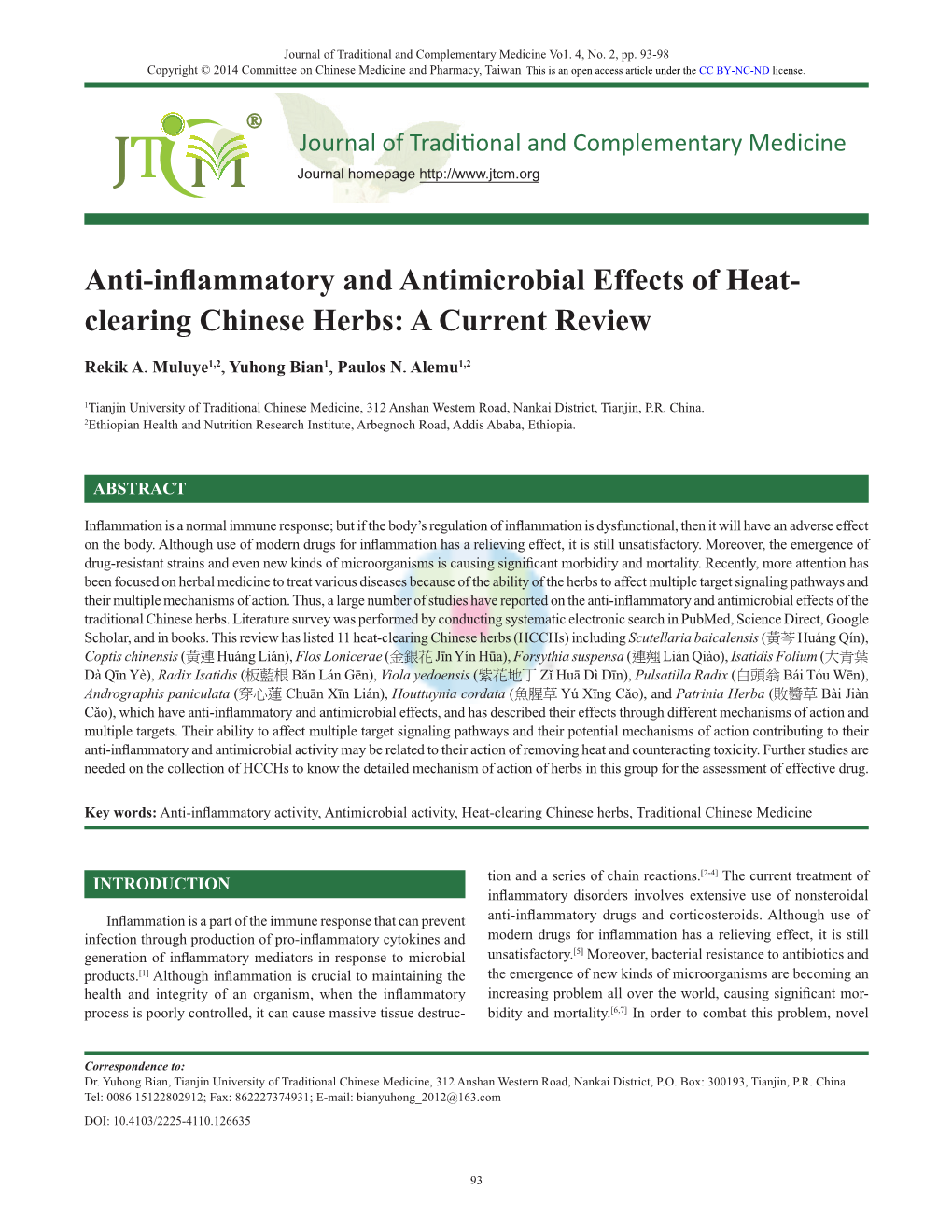 Anti-Inflammatory and Antimicrobial Effects of Heat-Clearing Chinese Herbs
