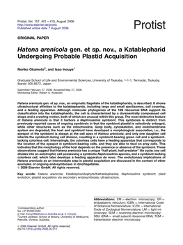 Hatena Arenicola Gen. Et Sp. Nov., a Katablepharid Undergoing Probable Plastid Acquisition