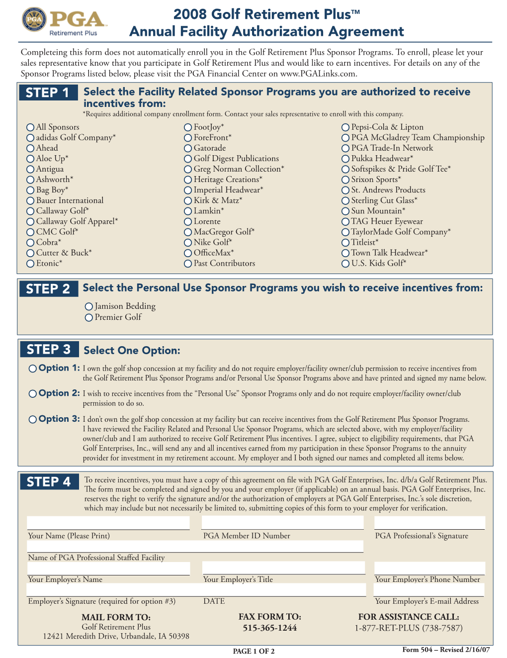 2008 Golf Retirement Plustm Annual Facility Authorization Agreement