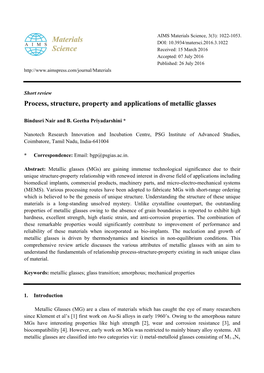 Process, Structure, Property and Applications of Metallic Glasses
