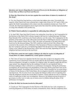 Questions and Answers Regarding the Canonical Process for the Resolution of Allegations of Sexual Abuse of Minors by Priests and Deacons