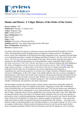 Shame and Honor: a Vulgar History of the Order of the Garter