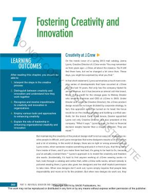Fostering Creativity and Innovation 203 This Work May Not Be Reproduced Or Distributed in Any Form Or by Any Means Without Express Written Permission of the Publisher