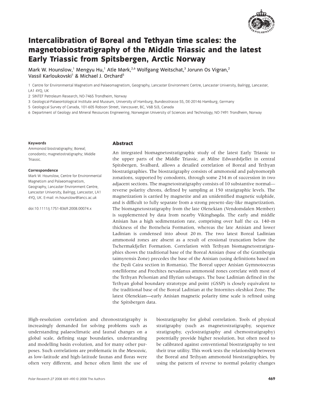 The Magnetobiostratigraphy of the Middle Triassic and the Latest Early Triassic from Spitsbergen, Arctic Norway Mark W