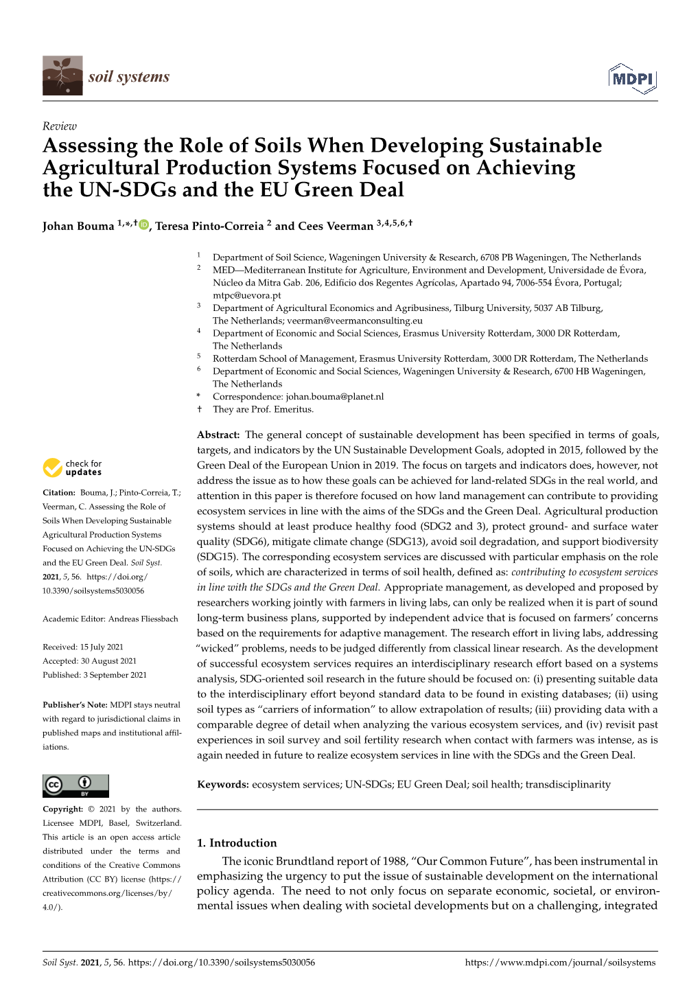 Assessing the Role of Soils When Developing Sustainable Agricultural Production Systems Focused on Achieving the UN-Sdgs and the EU Green Deal