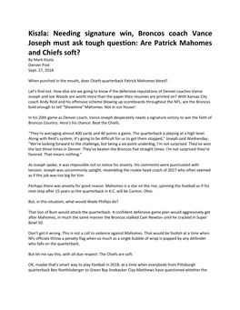 Kiszla: Needing Signature Win, Broncos Coach Vance Joseph Must Ask Tough Question: Are Patrick Mahomes and Chiefs Soft? by Mark Kiszla Denver Post Sept