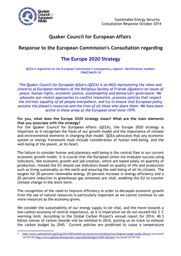 Quaker Council for European Affairs Response to the European Commission's Consultation Regarding the Europe 2020 Strategy