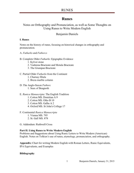 I. Runes Notes on the History of Runes, Focusing on Historical Changes in Orthography and Pronunciation