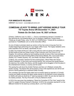 COMEDIAN JO KOY to BRING JUST KIDDING WORLD TOUR to Toyota Arena on December 11, 2021