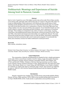 Unikkaartuit: Meanings and Experiences of Suicide Among Inuit in Nunavut, Canada REVISED REFERENCES, 04/13/2016