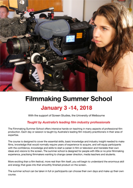 Filmmaking Summer School January 3 -14, 2018
