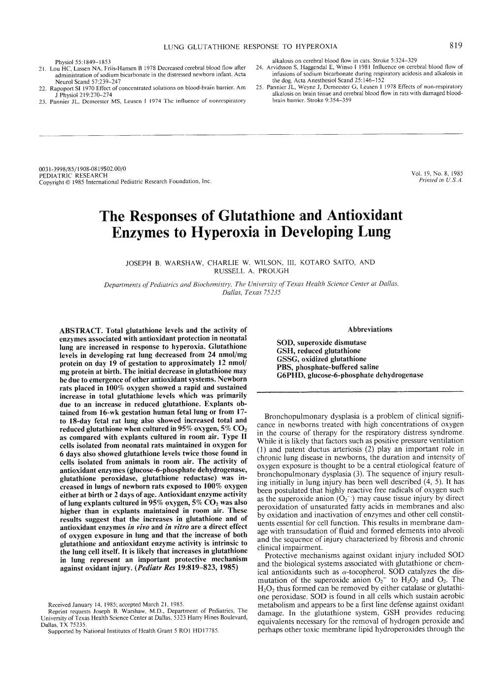 The Responses of Glutathione and Antioxidant Enzymes to Hyperoxia in Developing Lung