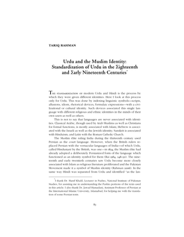 Urdu and the Muslim Identity: Standardization of Urdu in the Eighteenth and Early Nineteenth Centuries*