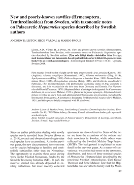 Hymenoptera, Tenthredinoidea) from Sweden, with Taxonomic Notes on Palaearctic Heptamelus Species Described by Swedish Authors