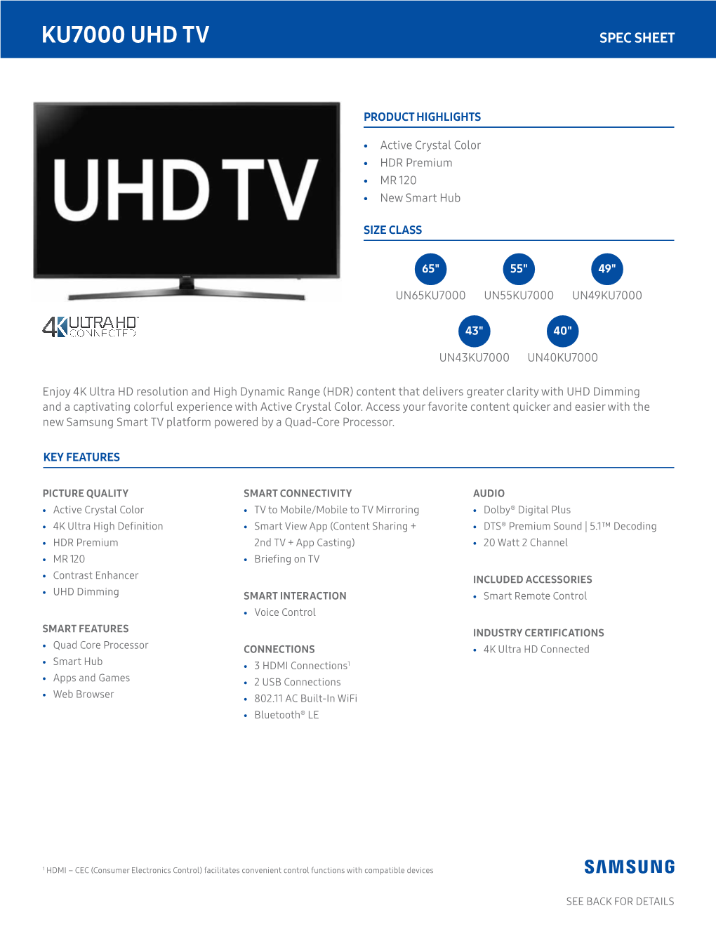 Samsung 49" 4K UHD LED Smart TV UN49KU7000 Specs