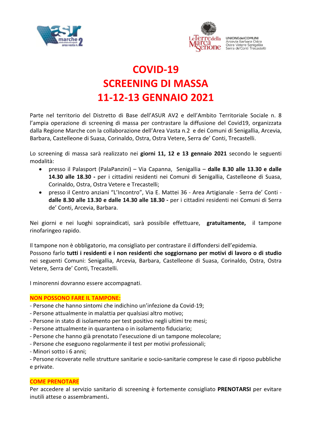 Covid-19 Screening Di Massa 11-12-13 Gennaio 2021