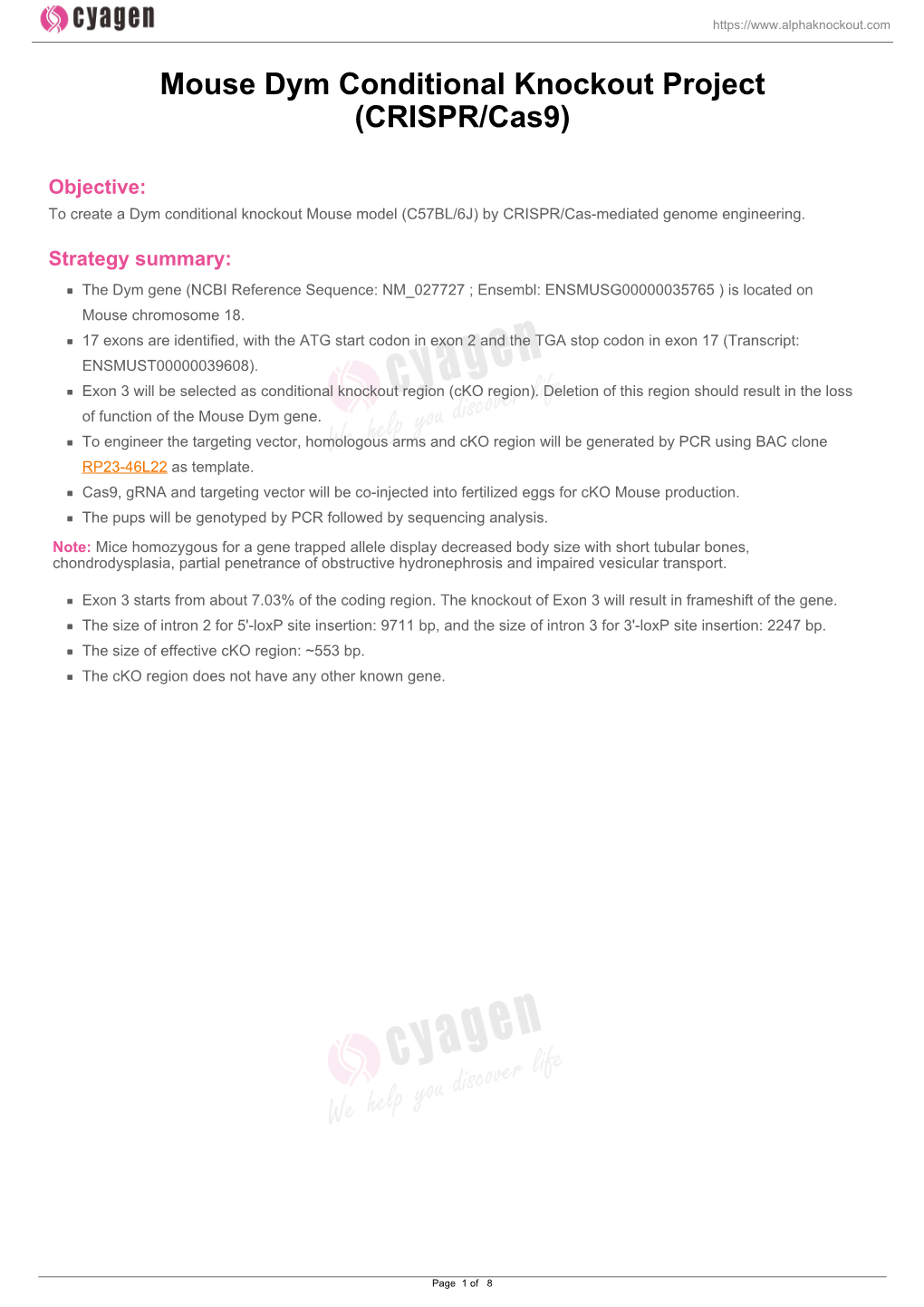 Mouse Dym Conditional Knockout Project (CRISPR/Cas9)