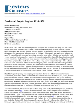 Parties and People, England 1914-1951