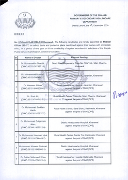 GOVERNMENT of the PUNJAB PRIMARY & SECONDARY HEALTHCARE DEPARTMENT Dated Lahore, the 4Th, December 2020