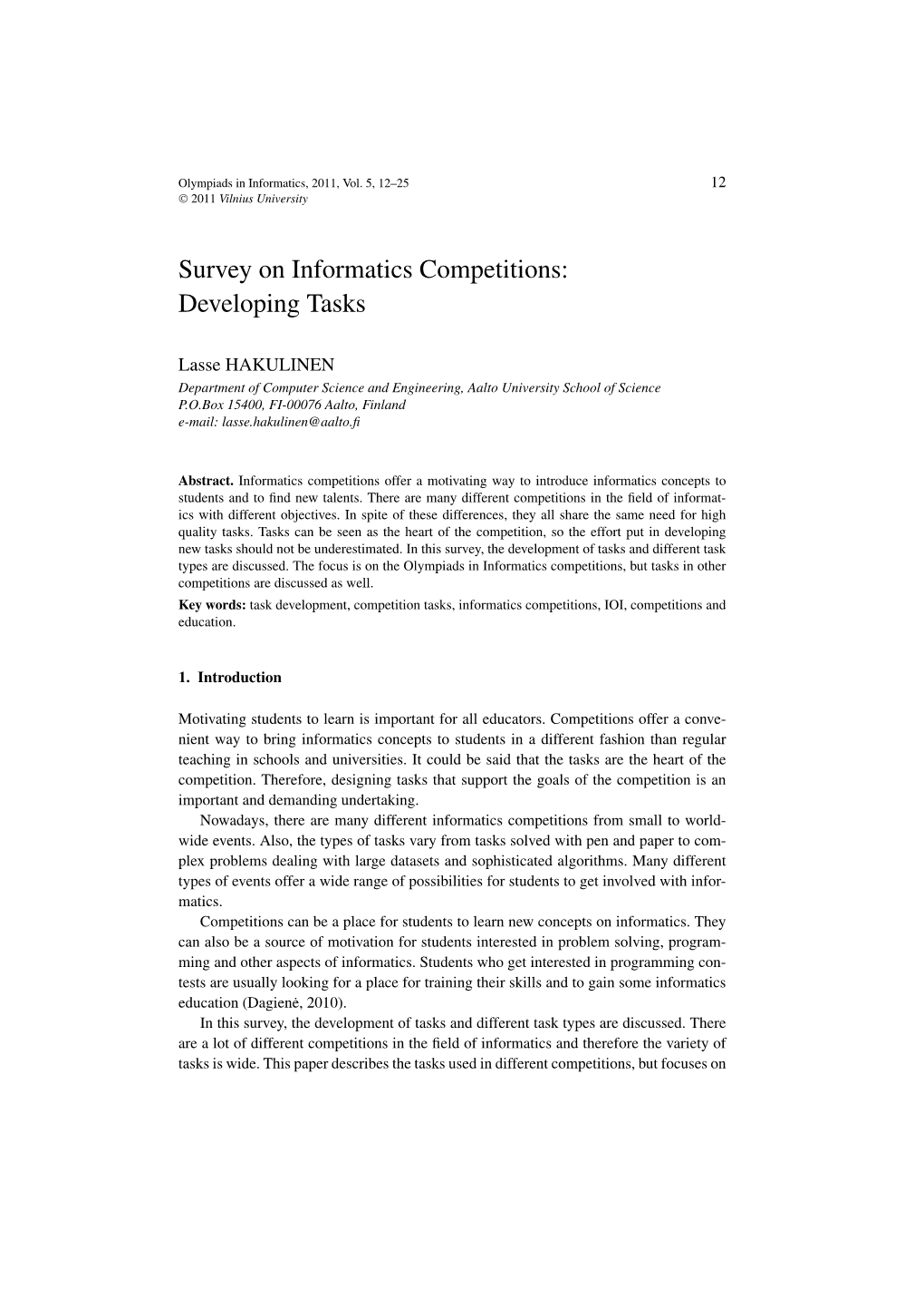 Survey on Informatics Competitions: Developing Tasks